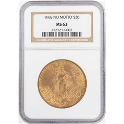 1908 No Motto $20 St. Gaudens Double Eagle Gold Coin NGC MS63