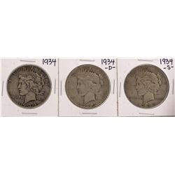 Lot of 1934, 1934-D, & 1934-S $1 Peace Silver Dollar Coins