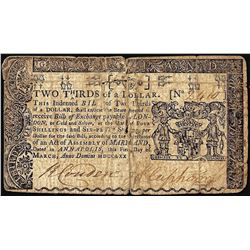 Maryland Two Thirds of a Dollar Colonial Currency Note