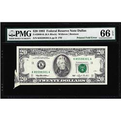 1993 $20 Federal Reserve Note Printed Fold ERROR PMG Gem Uncirculated 66EPQ