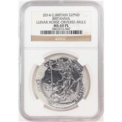 2014 Great Britain 2 Pound Lunar Horse Obverse Mule Silver Coin NGC MS69 PL Spotted