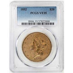 1852 $20 Liberty Head Double Eagle Gold Coin PCGS VF35