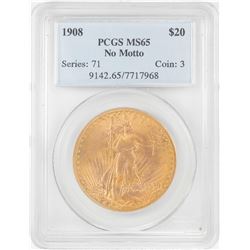 1908 No Motto $20 St Gaudens Double Eagle Gold Coin PCGS MS65