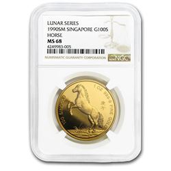 1990 Singapore 1 oz Gold 100 Singold Horse MS-68 NGC