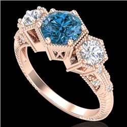 1.66 ctw Intense Blue Diamond Art Deco 3 Stone Ring 18k Rose Gold