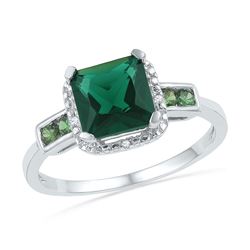 Sterling Silver Womens Princess Lab-Created Emerald Solitaire Diamond-accent Ring 2-1/5 Cttw