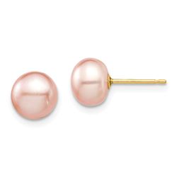 14k Yellow Gold Pink Button Pearl Stud Post Earrings - 7-8 mm