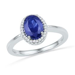 Sterling Silver Womens Oval Lab-Created Blue Sapphire Solitaire Diamond Ring 1-1/4 Cttw