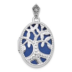 14k White Gold Diamond Tree w/ Blue Fabric Locket Pendant