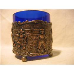 Toothpick Holder Cobalt glass in Footed Metal  #955722