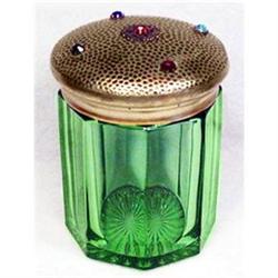 Green Depression Glass Jeweled Vanity Jar #956121