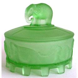 CAROUSEL ELEPHANTS Green Satin Glass Powder Jar #956151