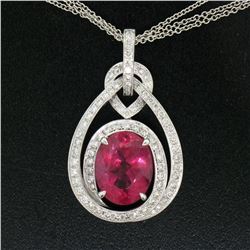 18kt White Gold 6.03 ctw GIA Rubellite Tourmaline and Diamond Pendant Necklace