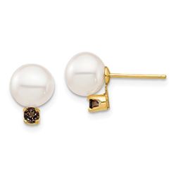 14k Yellow Au White Pearl Smokey Quartz Post Earrings - 7-7.5 mm