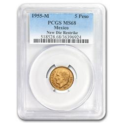 1955 Mexico Gold 5 Pesos MS-68 PCGS (Restrike)