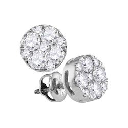 14kt White Gold Womens Round Diamond Flower Cluster Earrings 1.00 Cttw
