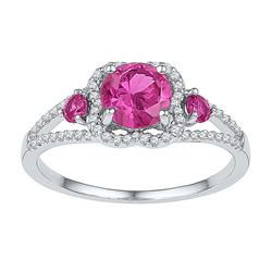 Sterling Silver Womens Round Lab-Created Pink Sapphire 3-stone Diamond-accent Ring 1-5/8 Cttw