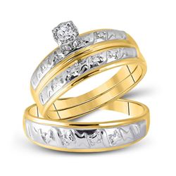 10kt Yellow Gold His Hers Round Diamond Solitaire Matching Bridal Wedding Ring Band Set 1/20 Cttw
