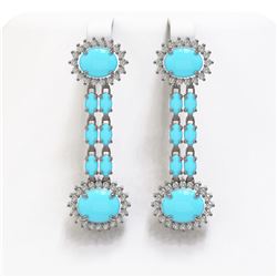 7.39 ctw Turquoise & Diamond Earrings 14K White Gold