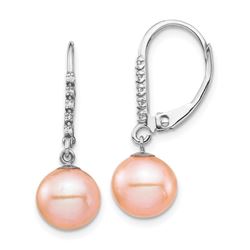 14k White Au Pink Pearl .05 ct Diamond Leverback Earring - 8-9 mm