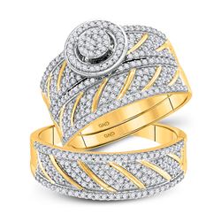 10kt Yellow Gold His & Hers Round Diamond Cluster Matching Bridal Wedding Ring Band Set 1.00 Cttw