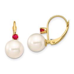 14k Yellow Gold White Pearl Ruby Leverback Earrings - 8-8.5 mm