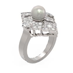 1.66 ctw Diamond & Pearl Ring 18K White Gold