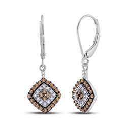 10kt White Gold Womens Round Brown Diamond Square Dangle Earrings 1/2 Cttw