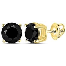 10kt Yellow Gold Unisex Round Black Color Enhanced Diamond Solitaire Earrings 3.00 Cttw