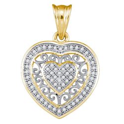 10kt Yellow Gold Womens Round Diamond Openwork Heart Cluster Pendant 1/6 Cttw