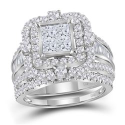 14kt White Gold Womens Princess Diamond Cluster Bridal Wedding Engagement Ring Band Set 2-1/3 Cttw