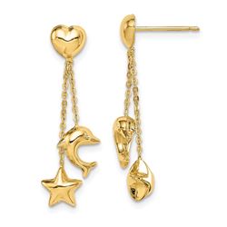 14k Yellow Gold Heart/Star/Dolphin Dangle Post Earrings - 46 mm