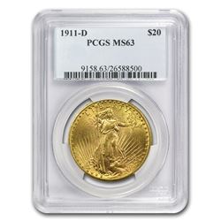 1911-D $20 Saint-Gaudens Gold Double Eagle MS-63 PCGS