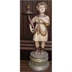 19c Italian Carved Wood Candle Boy Sculpture #975623