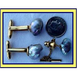 CUFFLINKS TIE CLIP 14K GOLD W BLUEGREY PEARLS #975704