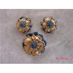 3 Piece Rhinestone Blue Bead gold Brooch #988878