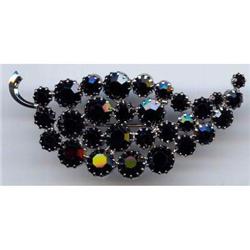  Black Rhinestone Leaf Brooch Aurora Borealis #989012