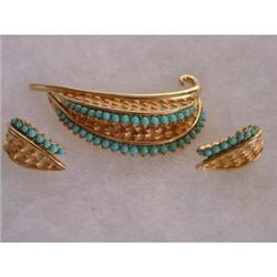BOUCHER 3 piece brooch earrings Turquoise Rare #989042