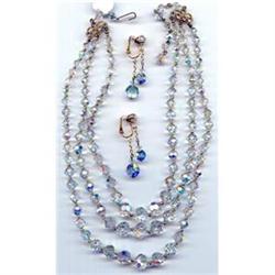  3 Strand Faceted Crystal Set Necklace Earrings #989048