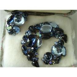  WEISS  Blue Rhinestone  Demi-Parure Brooch Ear #989077