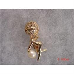 Signed CUPID Genuine Pearl Rhinestone Brooch #989099