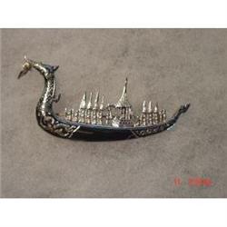SIAM STERLING Niello Ship Brooch Pin #989202
