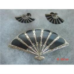 SENA Sterling Niello Fan Brooch Earrings #989316