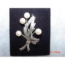 Genuine Pearl Silver floral Brooch Pin #989341
