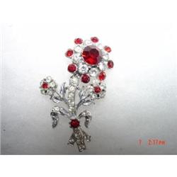 Art Deco Red Clear Rhinestone Brooch Pin Flower #989385