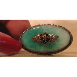 Antiqued Silvertone Peking Glass Brooch #989453