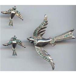 Silver  Rhinestone Bird Brooch Earrings Art #989463