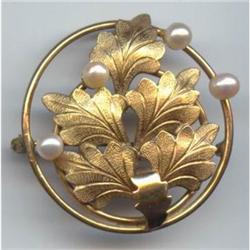  Gold Filled Leaf  Real Pearl Brooch #989484