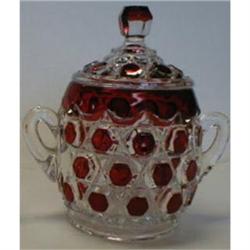 ANTIQUE RED BLOCK PATTERN GLASS COVERED SUGAR #990128