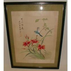LATE 1800S ORIENTAL WATERCOLOR ON SILK OF BIRDS #990131